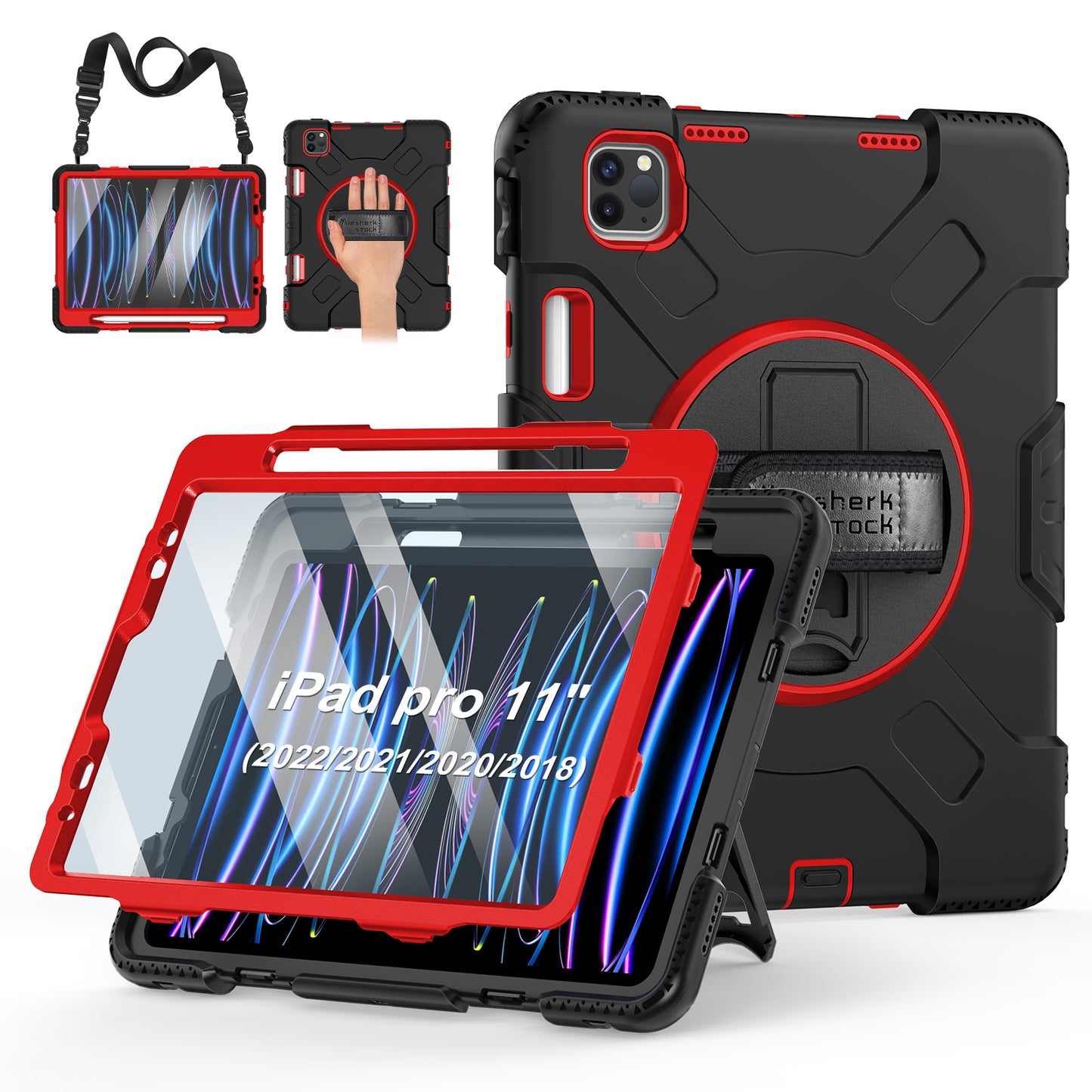 Case for iPad Pro 11 Inch (2022/2021/ 2020/2018): Silicone Cover for iPad 11 (4th/ 3rd/ 2nd/ 1st) Generation with Screen Protector- Stand- Handle- Shoulder Strap- Pencil Holder- Red