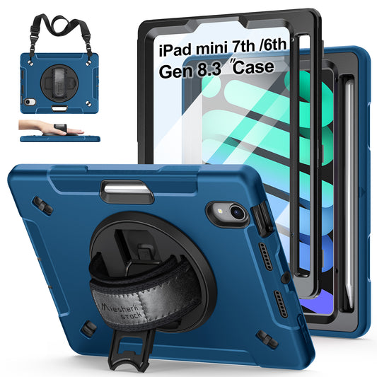 Case for iPad Mini 7 (A17 Pro) 2024: Military Grade TPU Protective Cover for iPad Mini 7th/6th Generation 8.3 Inch with Screen Protector- Stand + Handle + Shoulder Strap + Pencil Holder-Blue