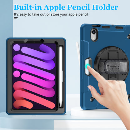 Case for iPad Mini 7 (A17 Pro) 2024: Military Grade TPU Protective Cover for iPad Mini 7th/6th Generation 8.3 Inch with Screen Protector- Stand + Handle + Shoulder Strap + Pencil Holder-Blue